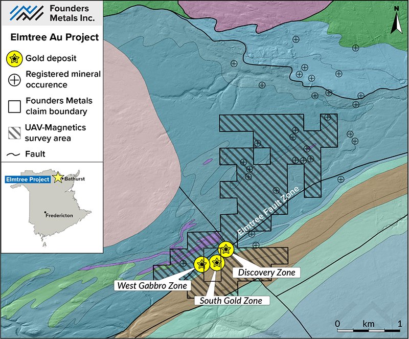 Figure 1 - Map of Founders Metals' Elmtree Gold Project Claims in northeastern New Brunswick