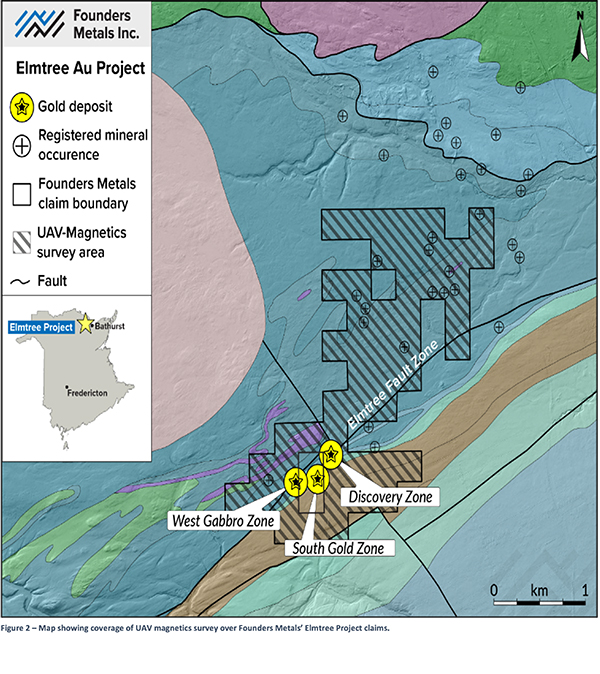 Figure 2 – Map showing coverage of UAV magnetics survey over Founders Metals’ Elmtree Project claims