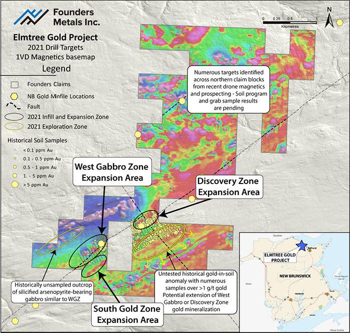 Map showing Founders Metals' 2021 drill targets. Basemap shows recent drone magnetics data.